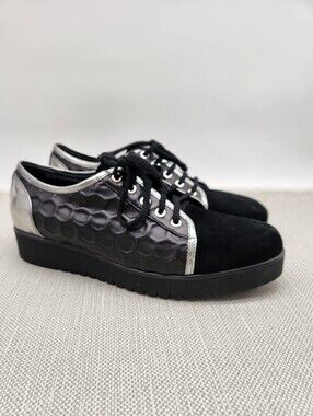 Aquatalia Aida Size 10 Sneaker Black Silver Platform Fashion Lace Up Suede
